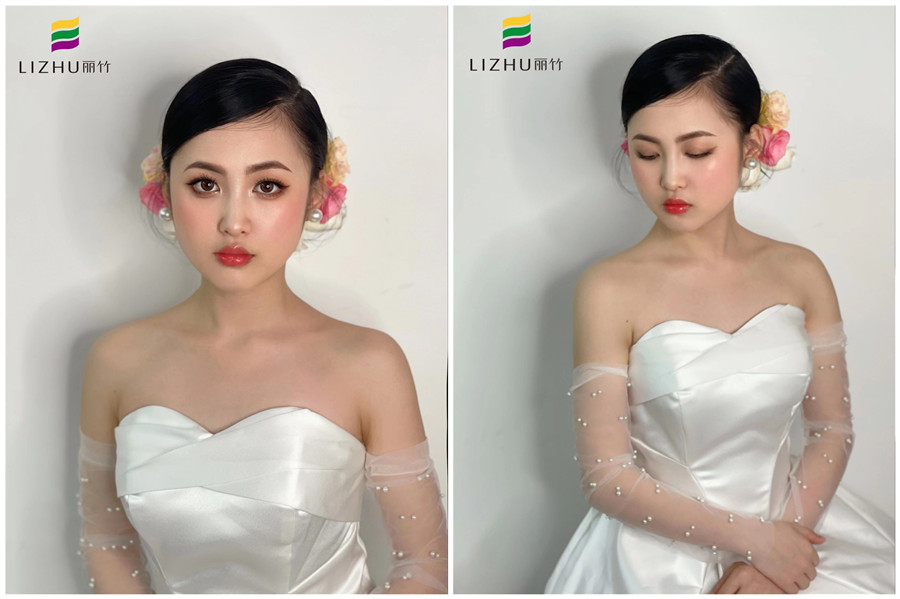 簡(jiǎn)約鮮花新娘妝容，廣西化妝學(xué)校新娘妝作品