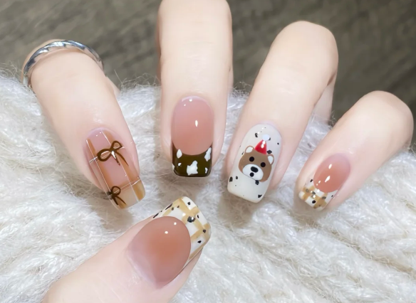 格紋手繪小熊美甲教程，南寧美甲教學分享