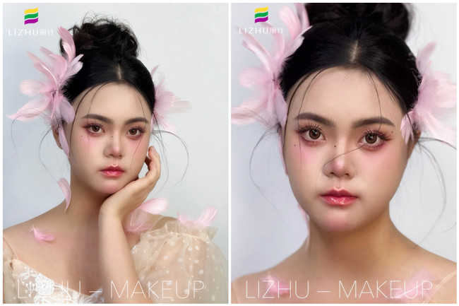 粉色羽毛寫真作品，廣西學化妝操作
